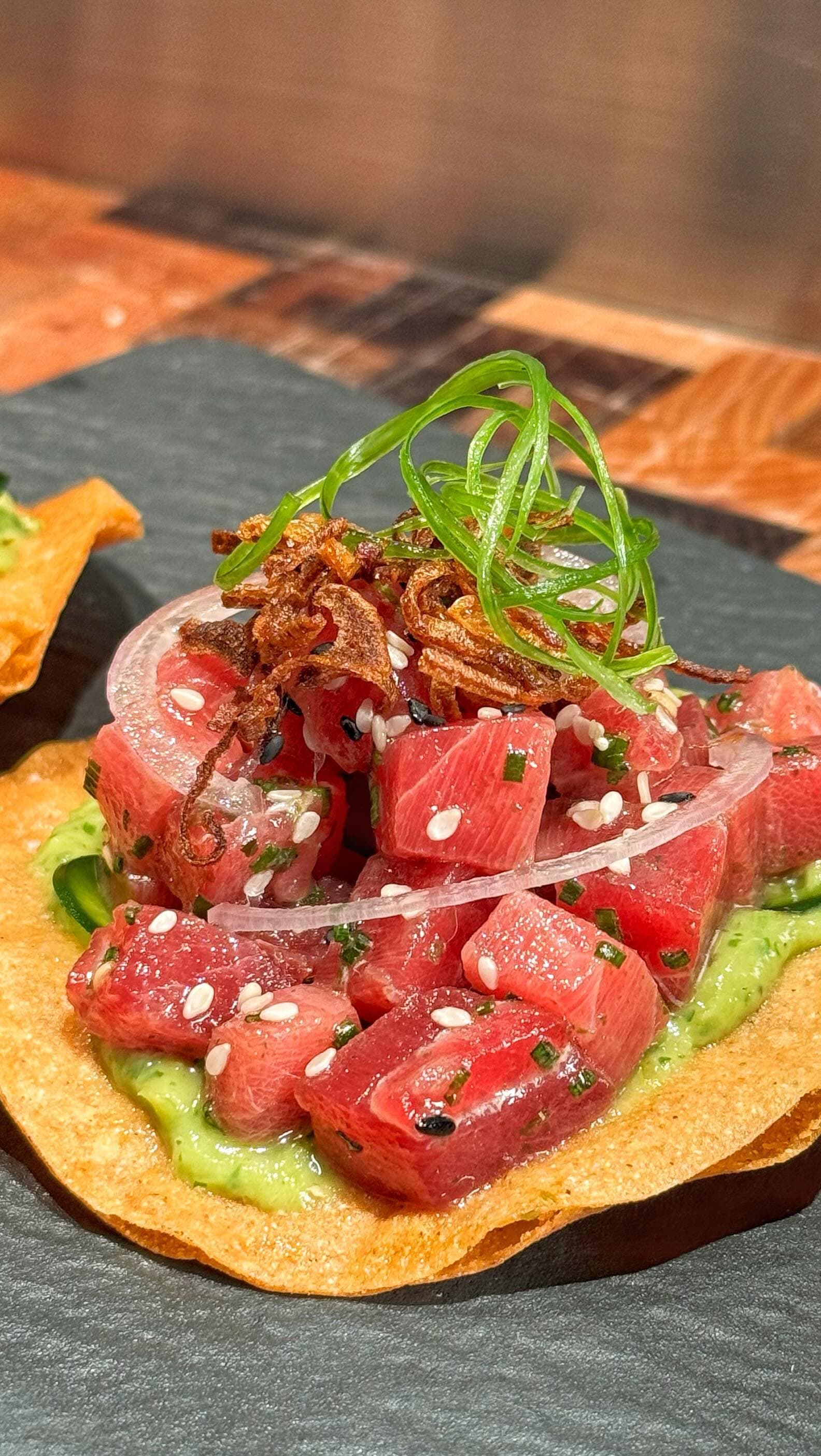 Tuna Tostadas with Fire‑Roasted Tomatillo Salsa