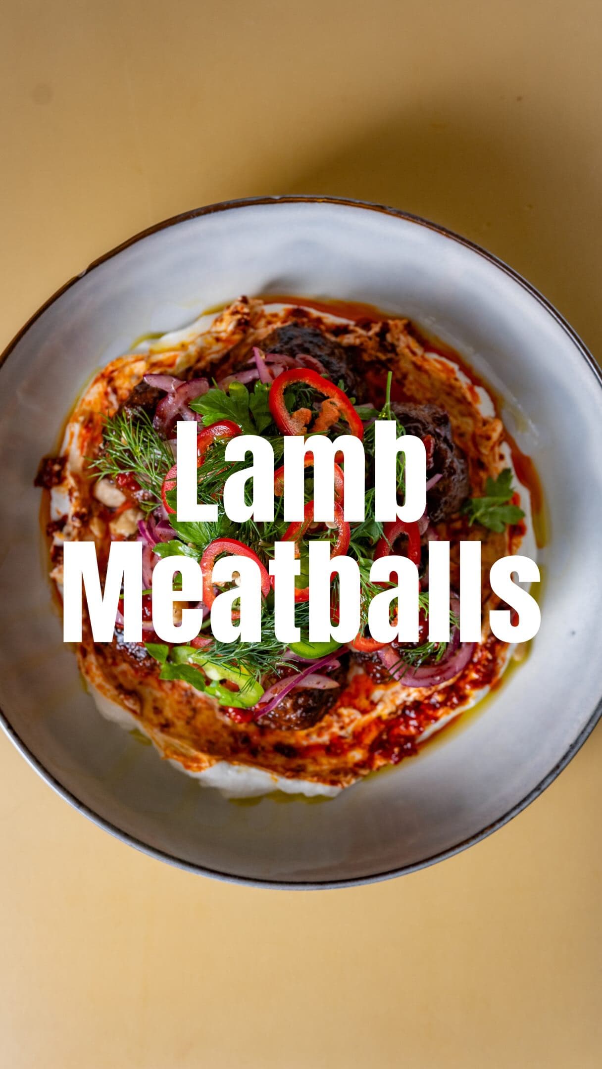 Lamb Meatballs with Harissa Chili Jam, Sumac Onions, and Harissa Yogurt