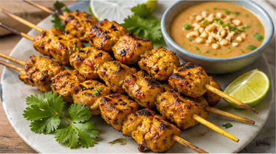 Thai Curry Chicken Skewers with Velvety Coconut Peanut Dip