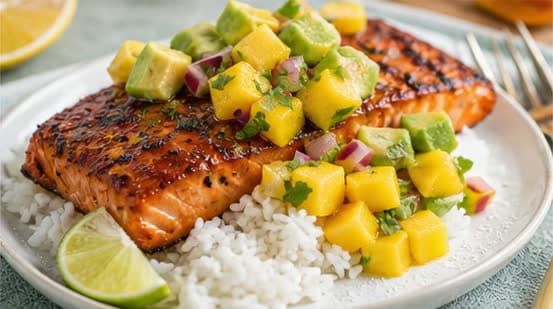 Maple Sriracha Salmon with Coconut Rice & Mango Avocado Salsa Bowl with Chili Mayo