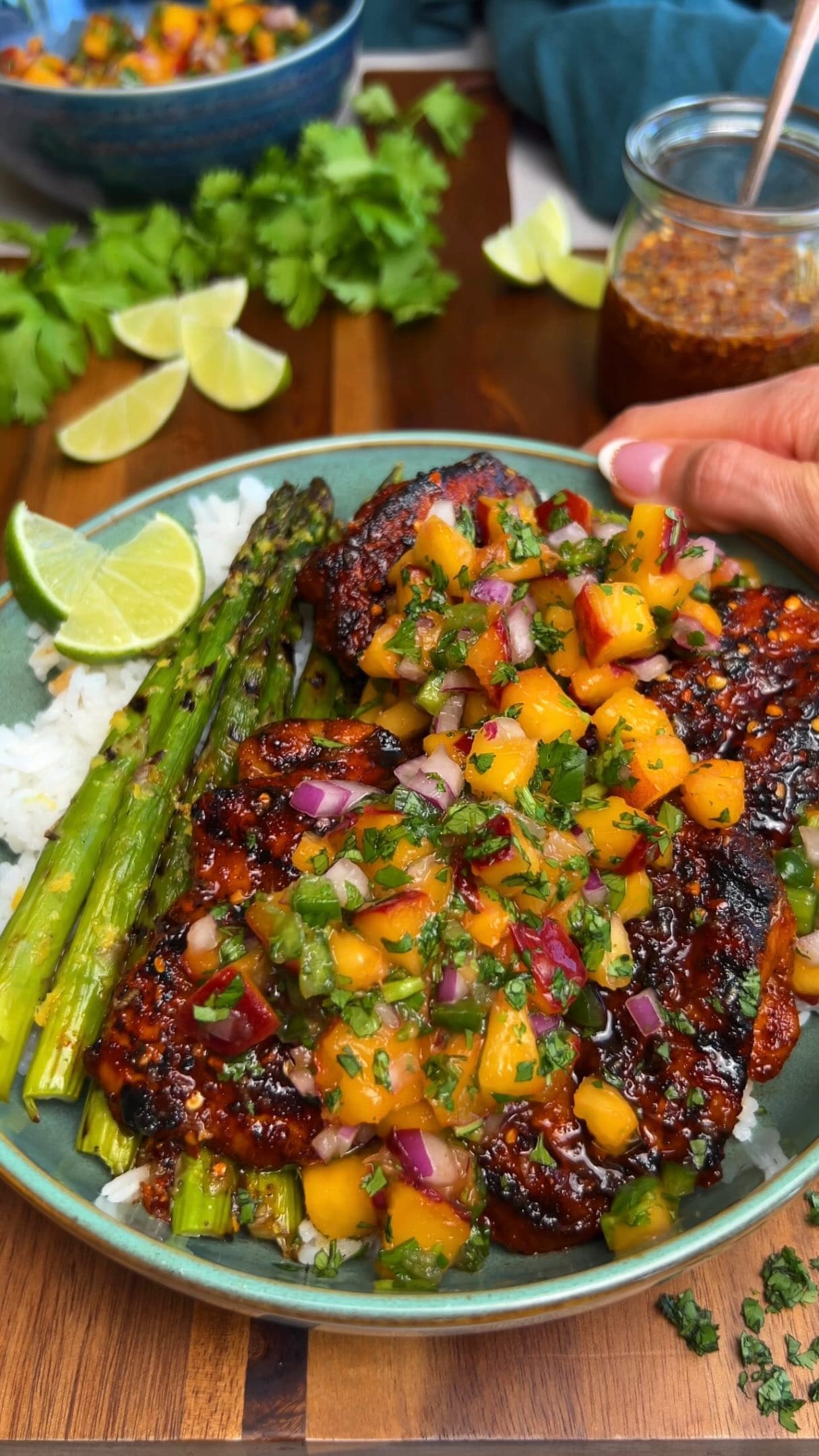 Grilled Hot Honey Chicken with Peach Salsa, Steamed Rice & Grilled Lemon Asparagus