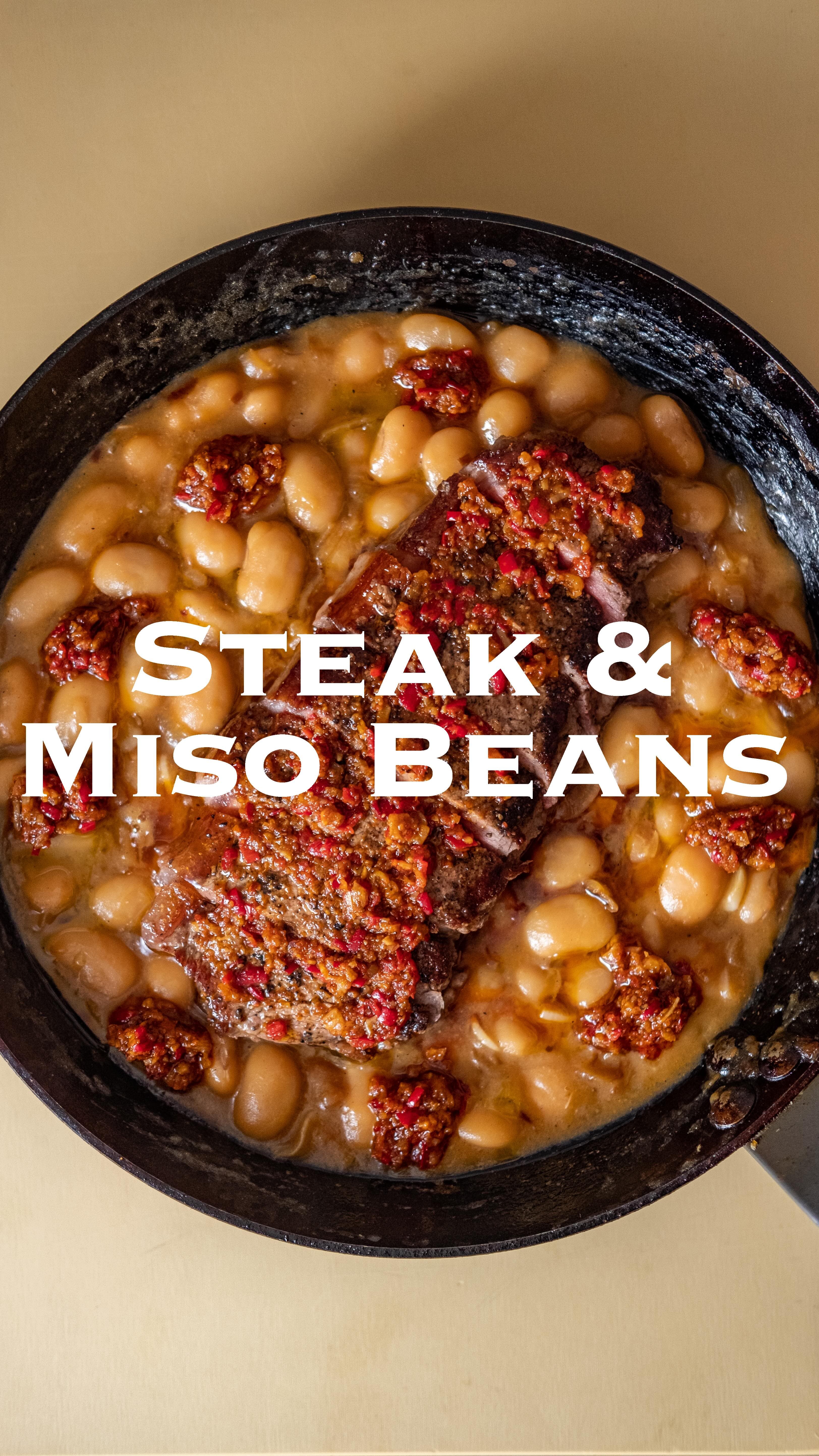 Rump Steak with Miso and Caramelised Onion Butter Beans and Chili Sauce