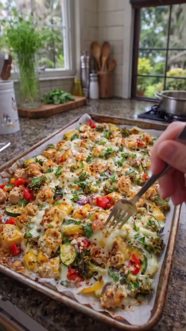 Cheesy Chicken Veggie Sheet Pan Dinner