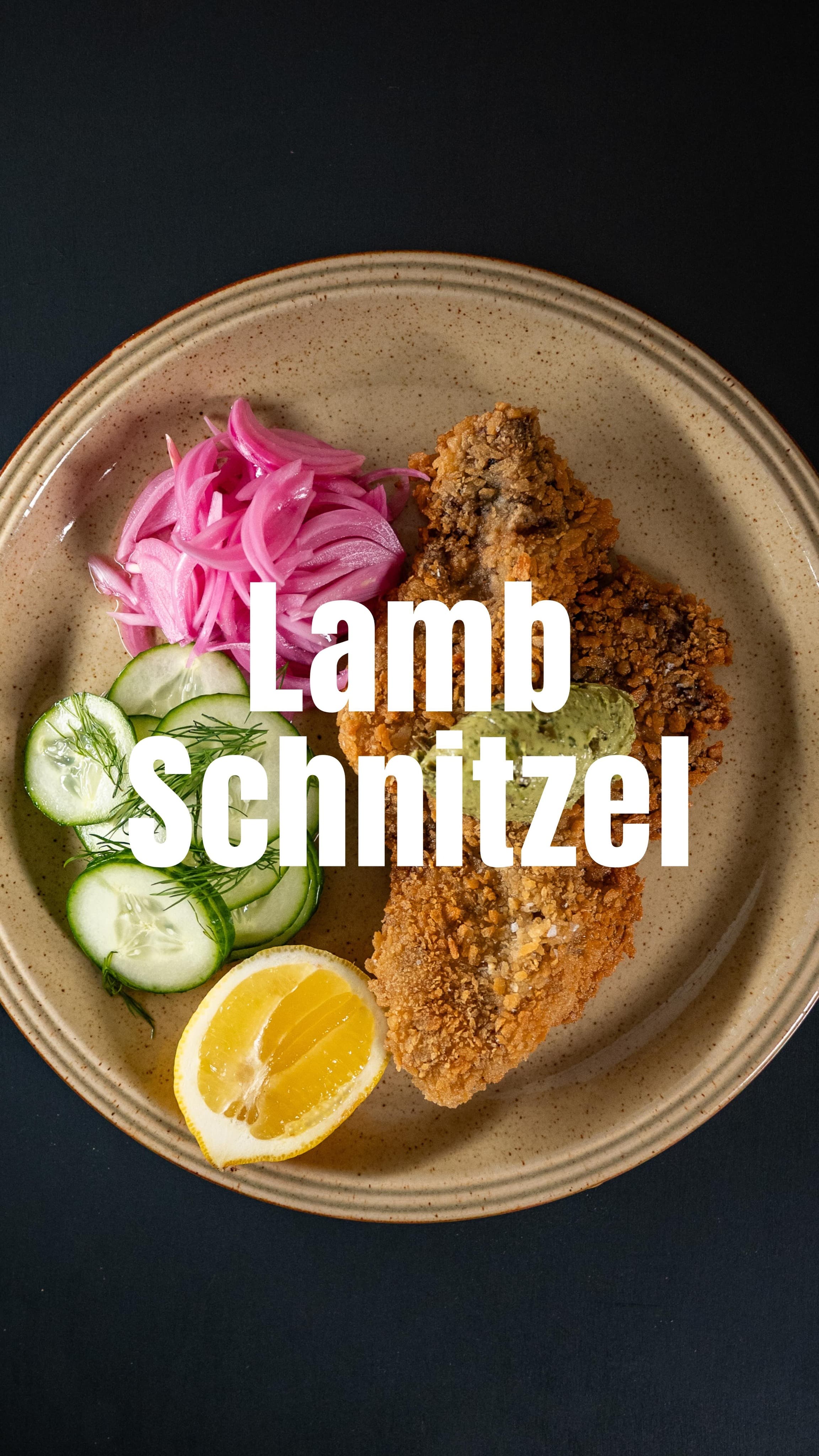 Lamb Schnitzel with Caper and Mint Butter, Pickled Onions and Pickled Cucumbers