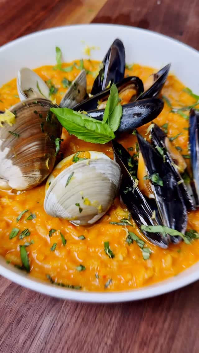 Tomato Basil Risotto with Clams and Mussels