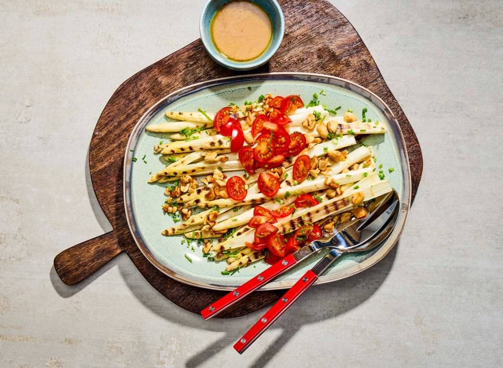 Grilled Asparagus with Miso Butter and Tomato Salsa