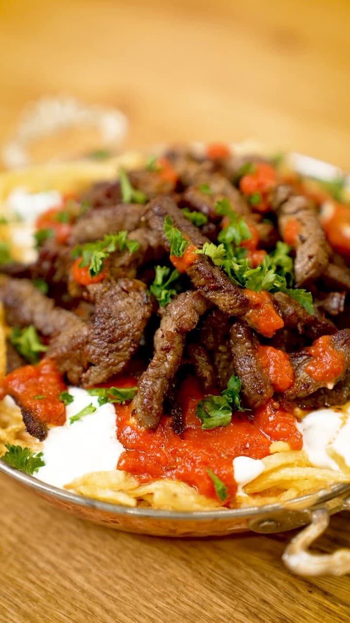 Heart-Shaped Beef Kebab with Tomato Sauce and Matchstick Potatoes