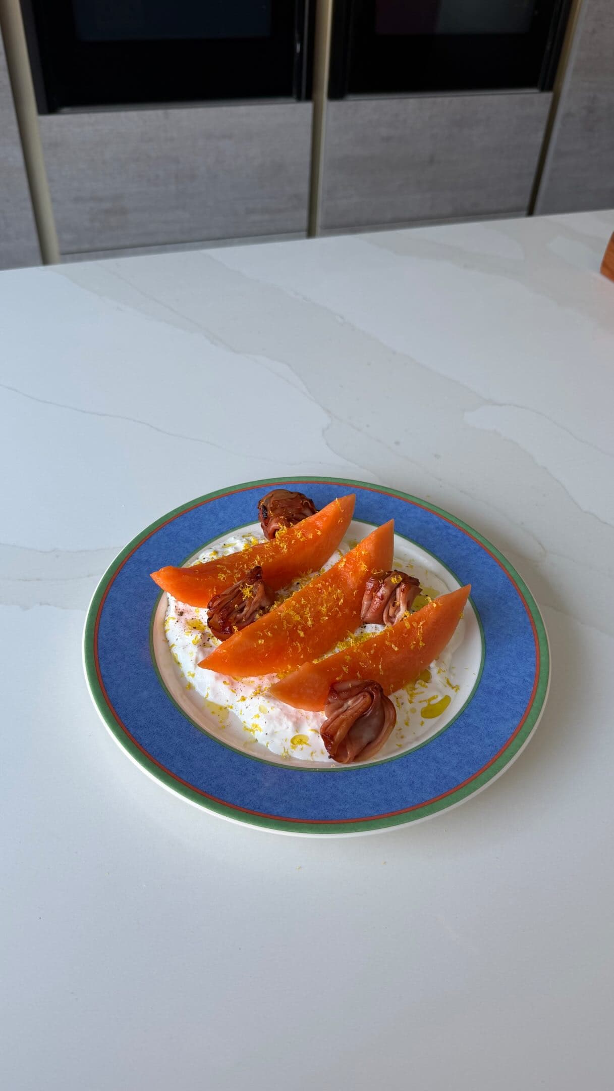 Melon, Fried Mortadella & Burrata Skewers