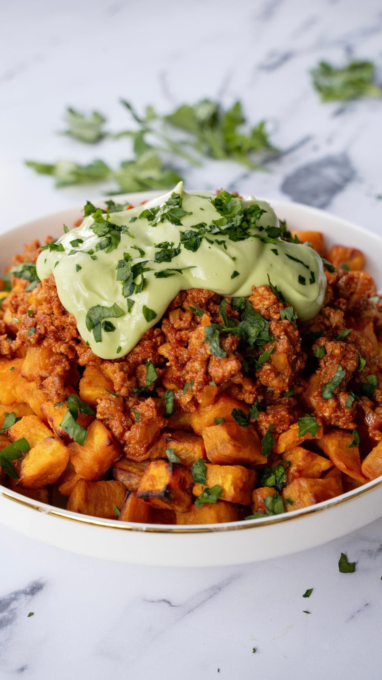 Crispy Sweet Potato Bowl with Ground Meat and Avocado Sauce