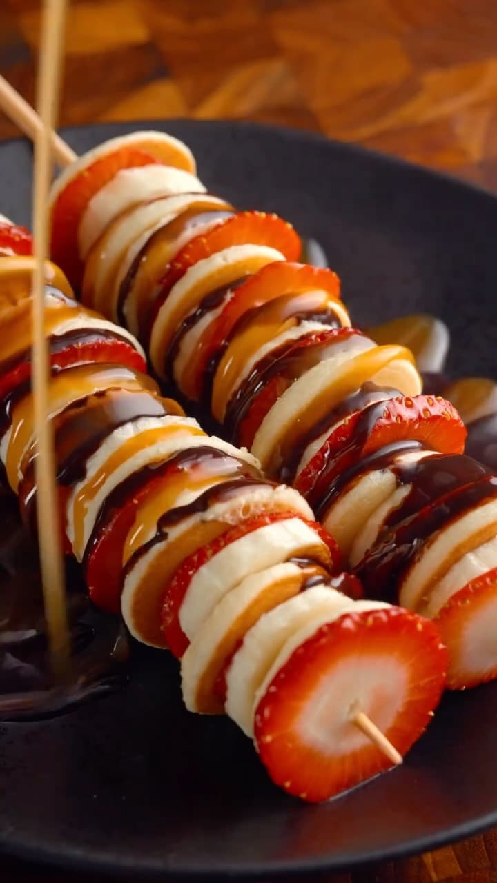 Fruit Skewers with Chocolate and Caramel Drizzle