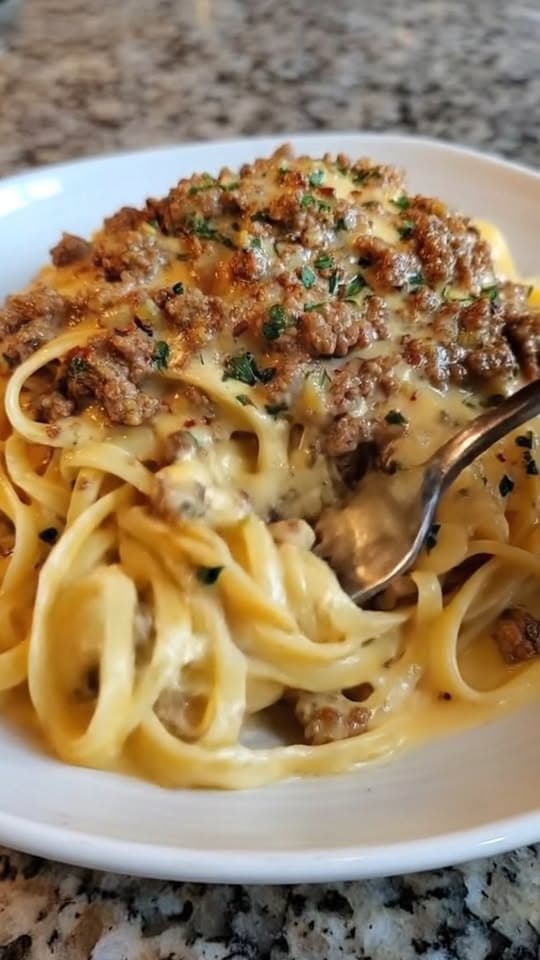 Garlic Butter Beef Linguine with Creamy Parmesan Cheddar Sauce