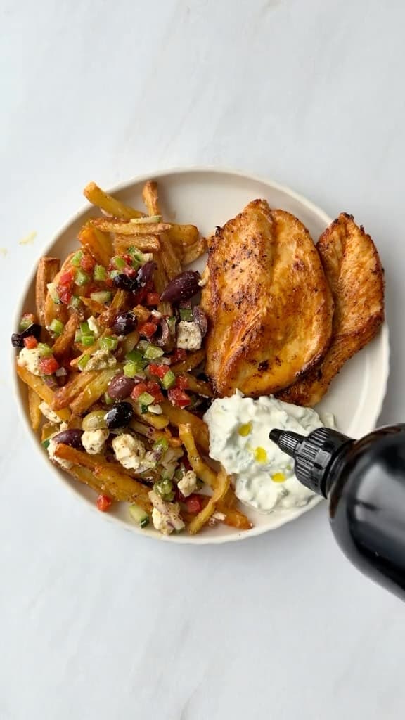Greek Salad Fries with Grilled Chicken and Tzatziki