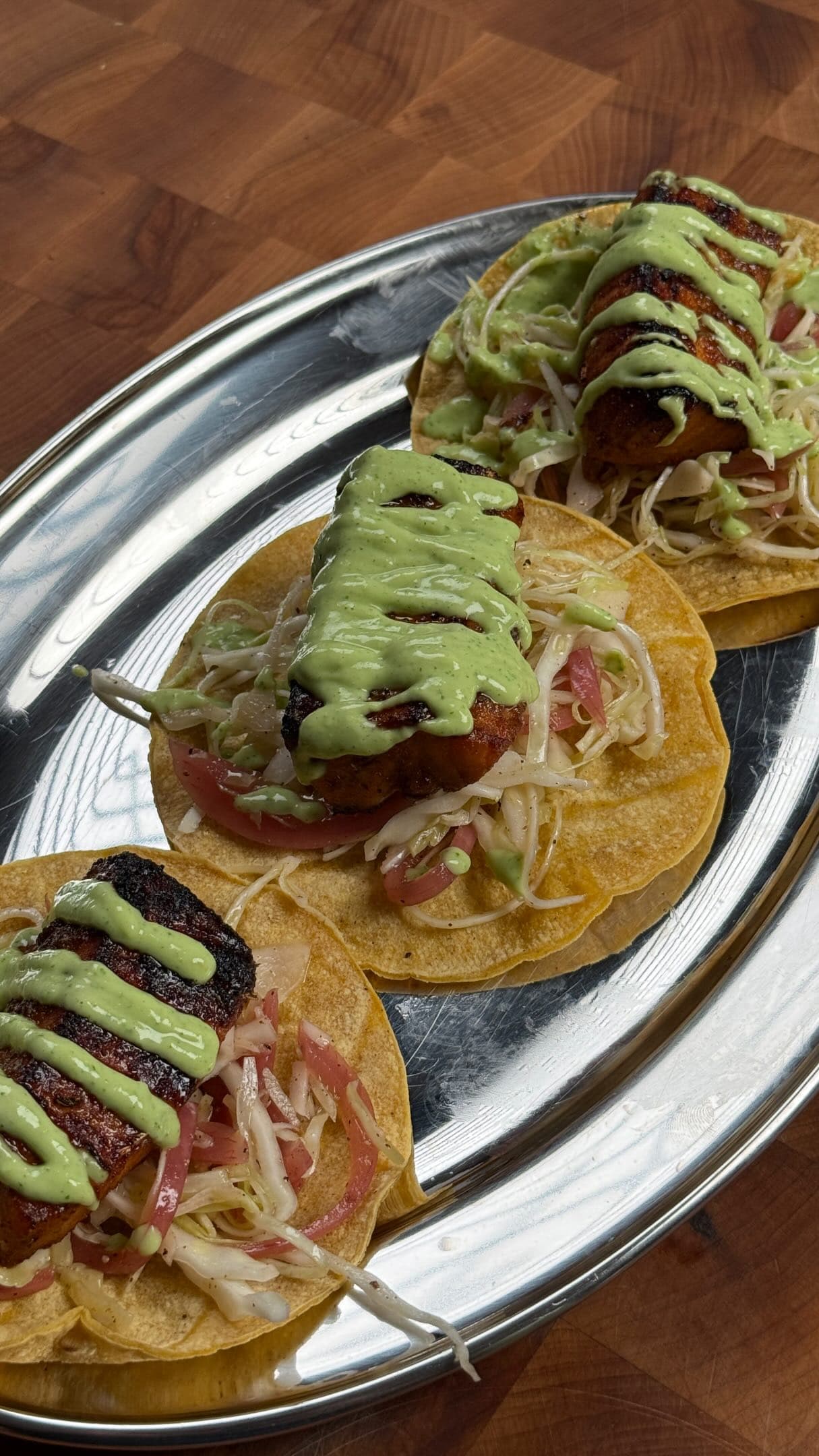 Sheet Pan Salmon Tacos with Spicy Avocado Crema