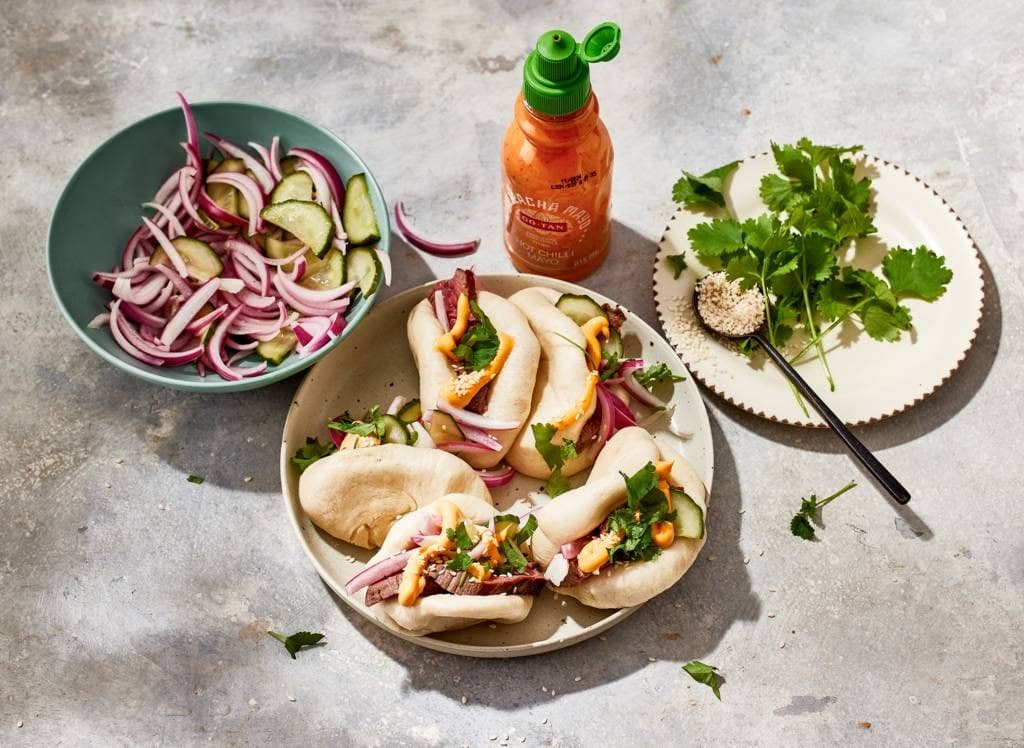 Steamed Buns with BBQ Grilled Steak and Sriracha Mayo