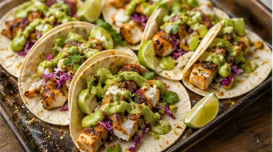 Sheet Pan Fish Tacos with Creamy High Protein Avocado Sauce