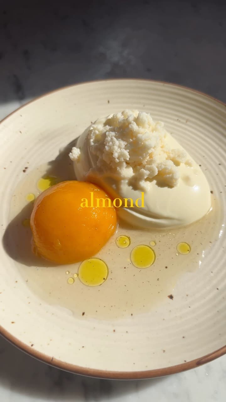 Almond Panna Cotta with White Almond Granita and Poached Peach