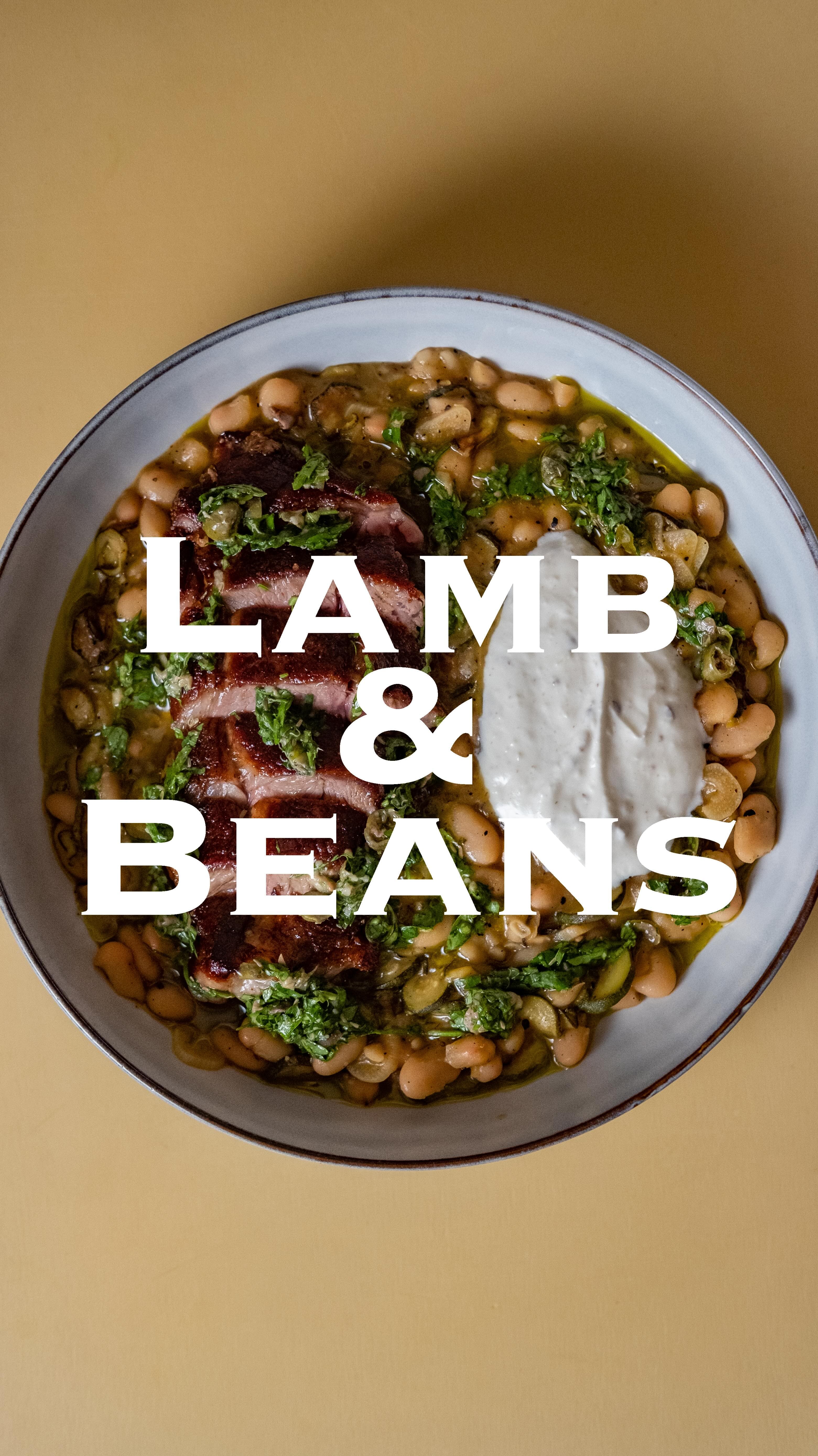 Lamb Steak with Courgette Beans, Cumin Garlic Yogurt and Salsa Verde