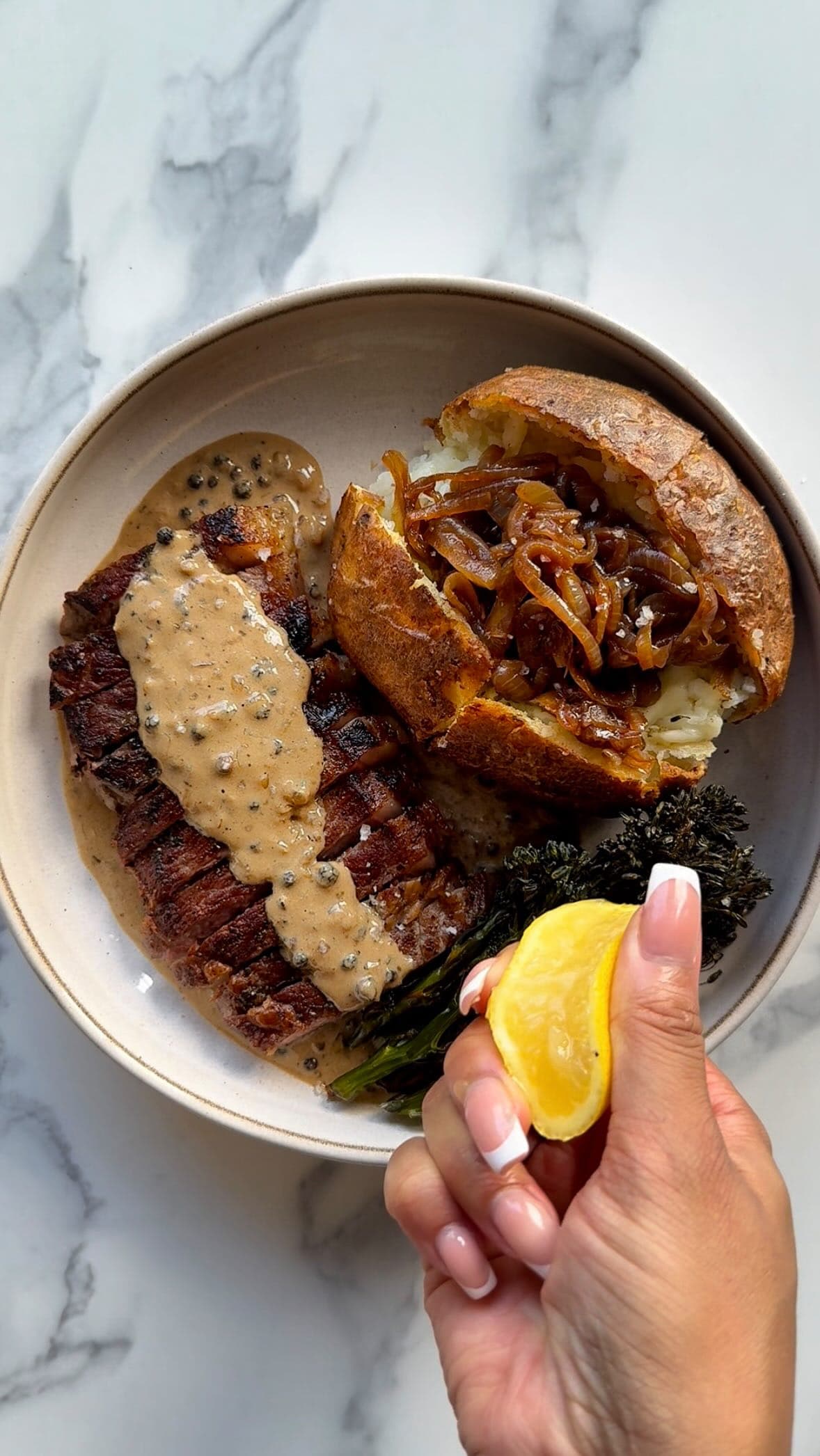 Steak with Peppercorn Sauce, Cheesy Garlic Butter Jacket Potato & Roasted Broccoli