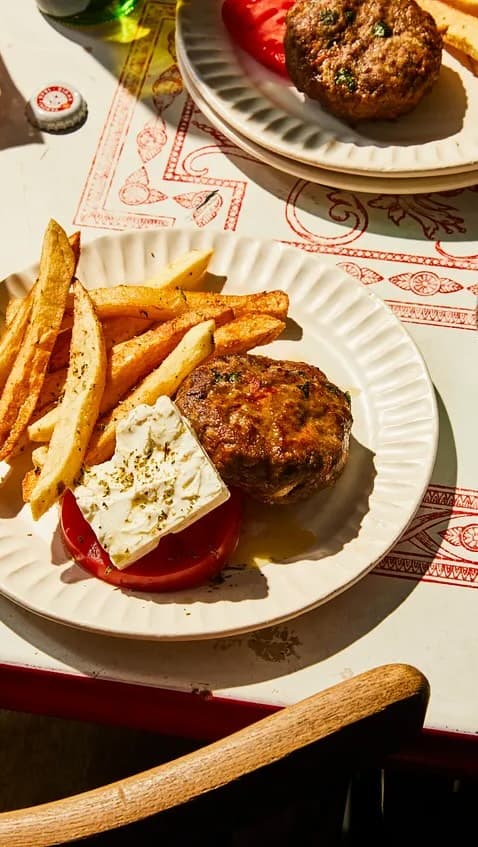 Greek Beef Stiftakis with Homemade French Fries and Green Bean Salad