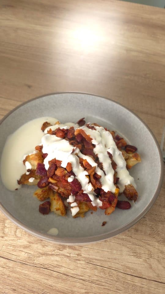 Loaded Bean Chili Crispy Potatoes