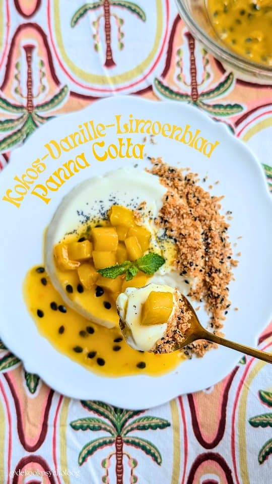 Coconut Vanilla Lime Panna Cotta with Mango, Passion Fruit & Sesame Coconut Crumble
