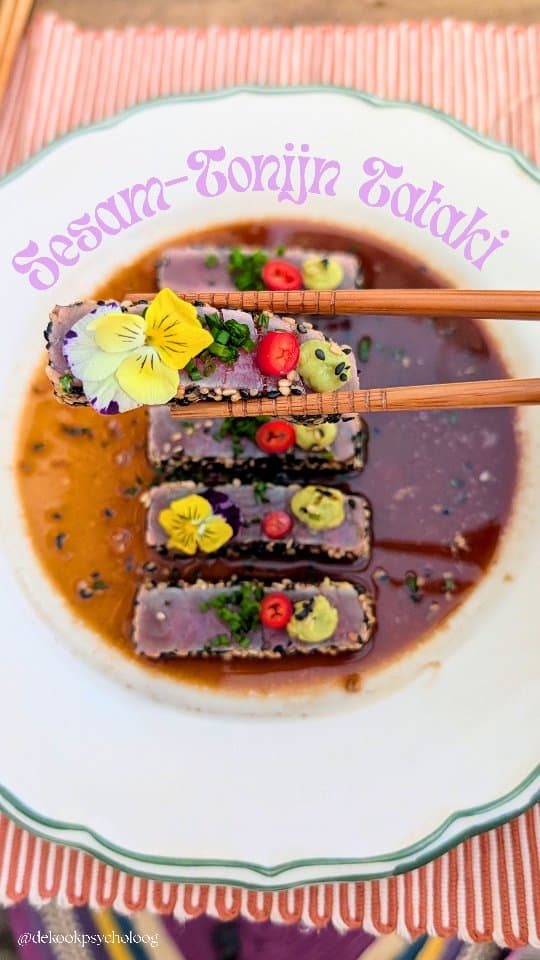 Sesame‑Crusted Tuna with Avocado Miso Cream & Miso‑Yuzu Ponzu