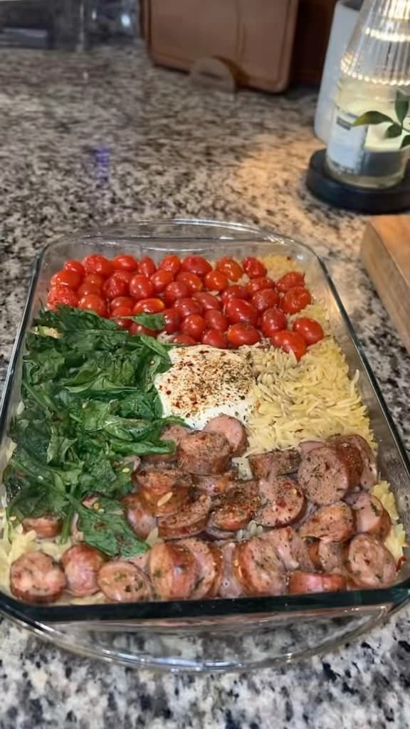 Dump & Bake Creamy Boursin Sausage Orzo