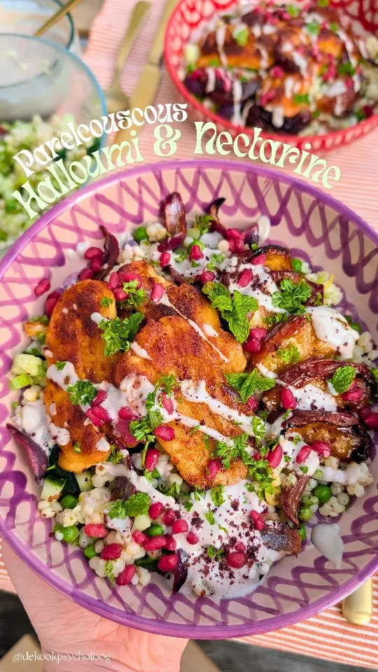 Roasted Nectarines & Halloumi with Miso‑Honey Glaze & Lemon‑Pearl Couscous