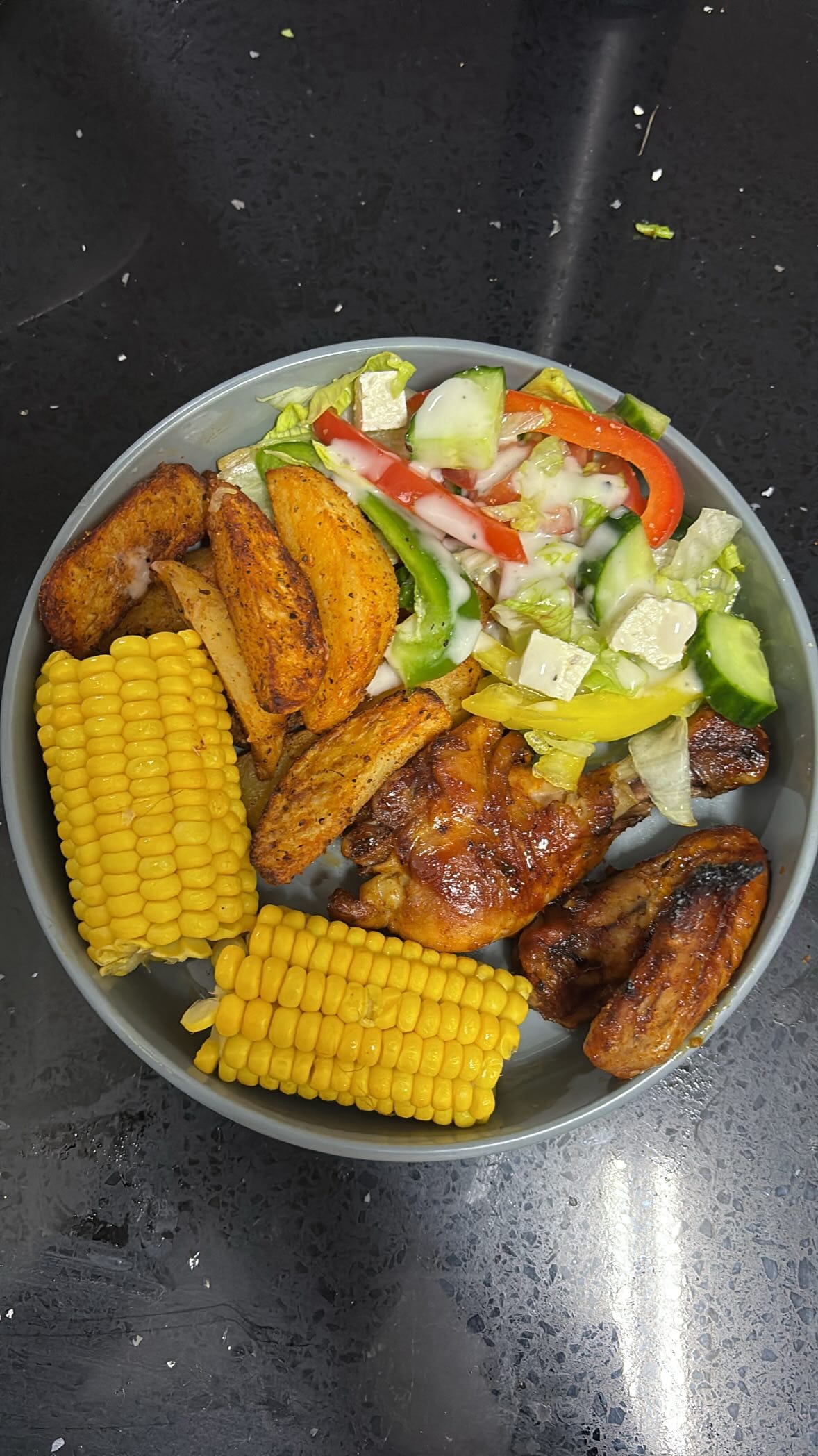 Quick Dinner At Home: Potato Wedges, Sweetcorn, Green Salad & Grilled Chicken