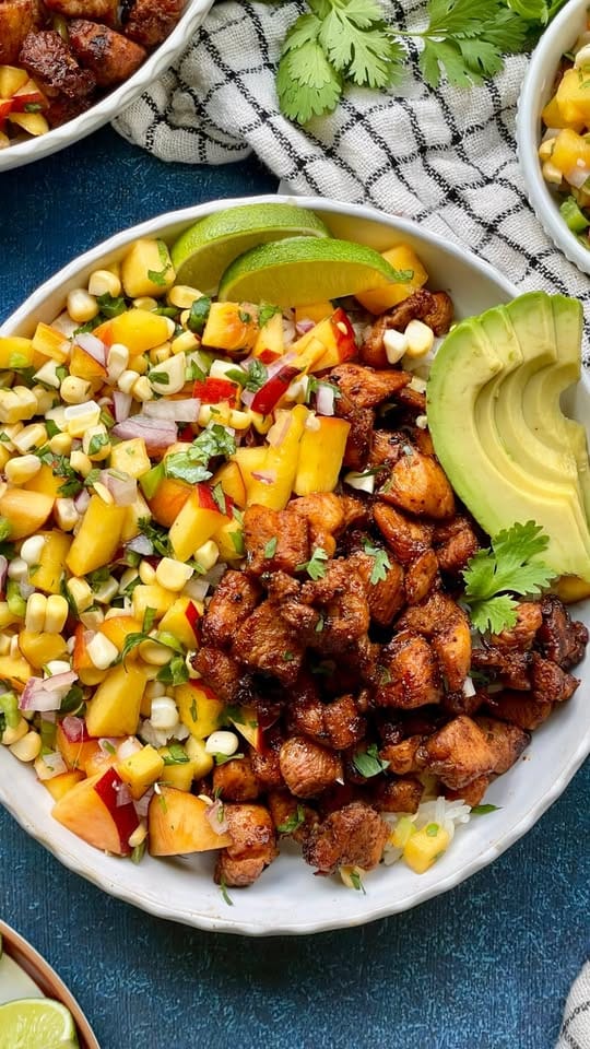 Summer Peach & Corn Salsa Rice Bowls with Honey Chicken