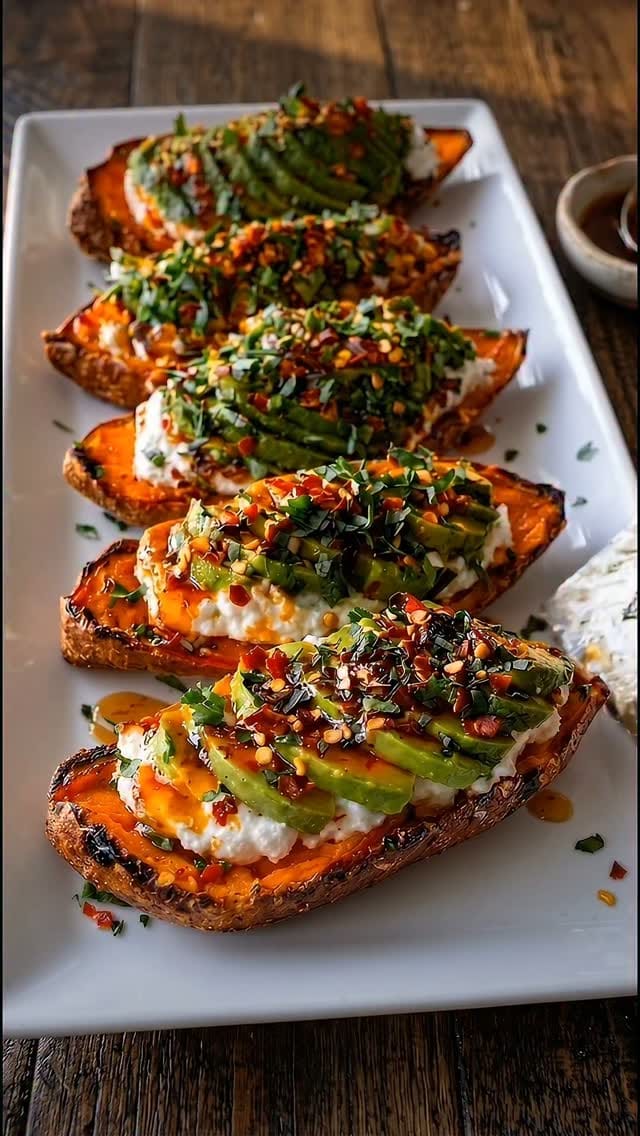 Honey Garlic Sweet Potato Toast with Avocado & Ricotta