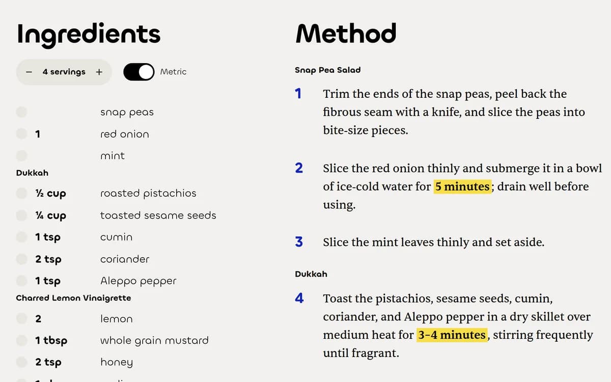 A recipe on ReelsMeals with the ingredients and method written out, each part of the dish with its own steps
