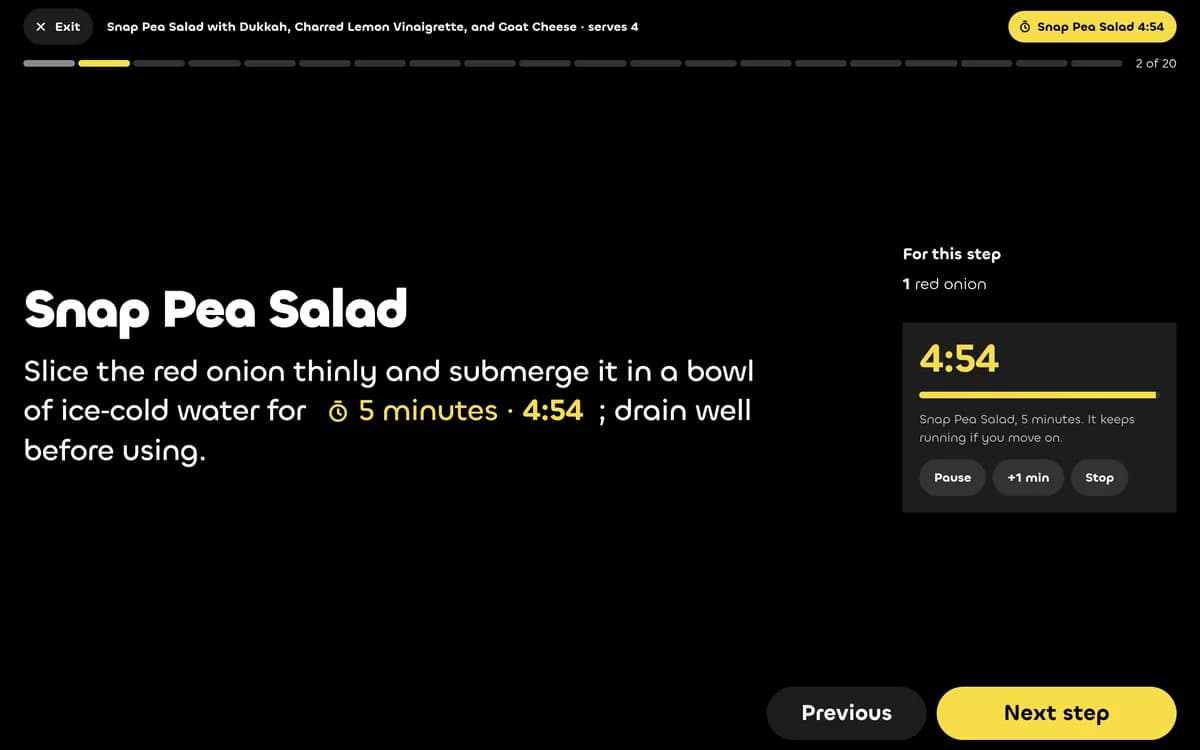 Cook mode: one step at a time in large type, with a five-minute timer running