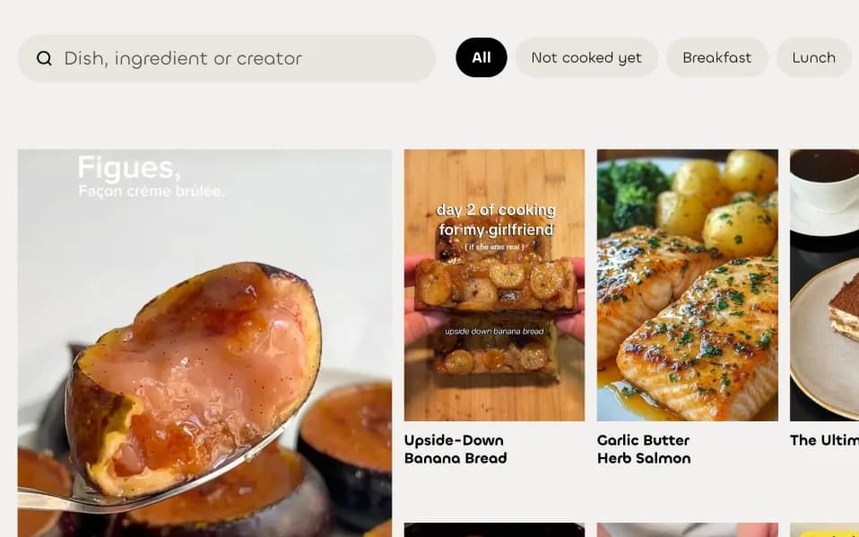 The cookbook: a search box, filters for meals and diets, and a grid of saved recipes