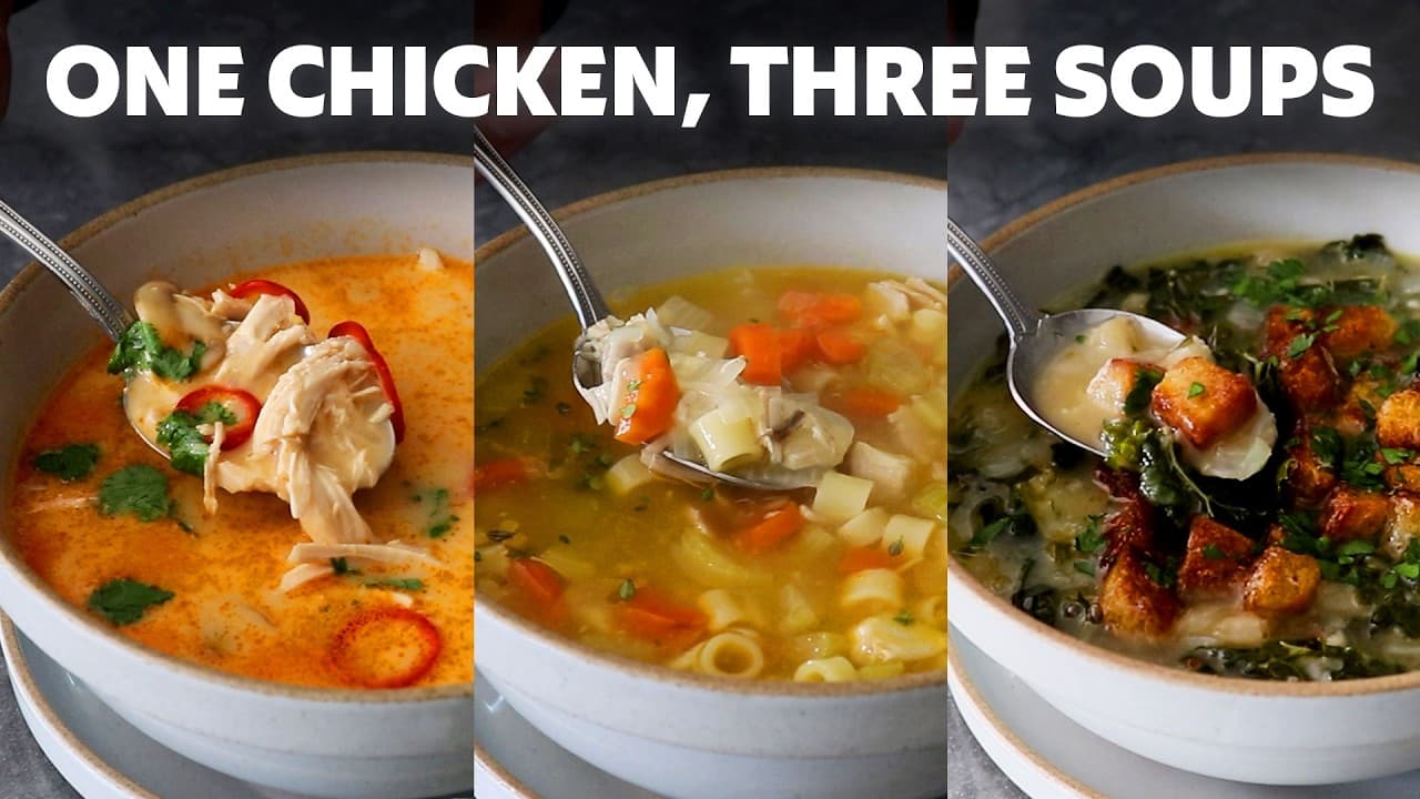 Three Chicken Soups from One Whole Chicken by Food Wishes, a frame from the YouTube video