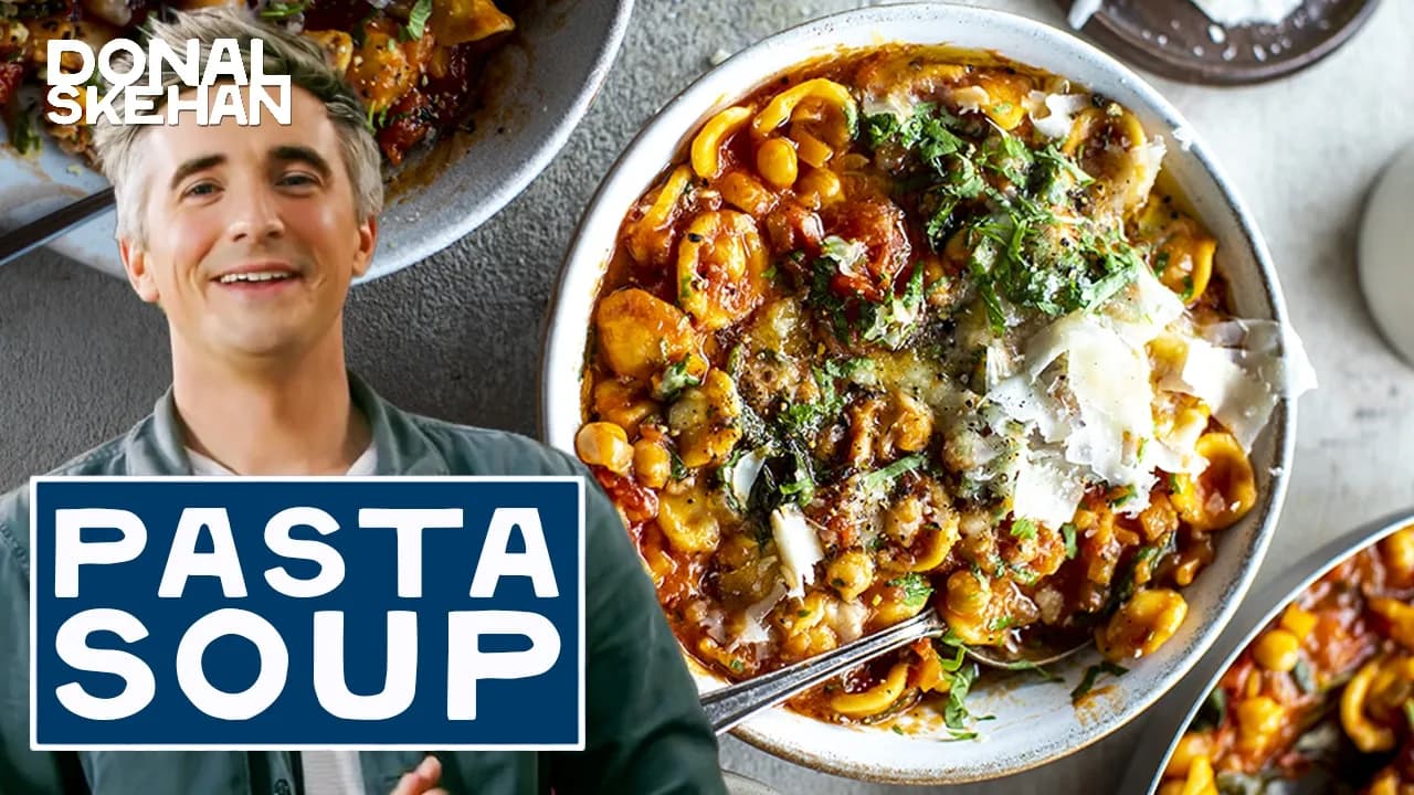 One-Pan Tomato Pasta Soup by Donal Skehan, a frame from the YouTube video