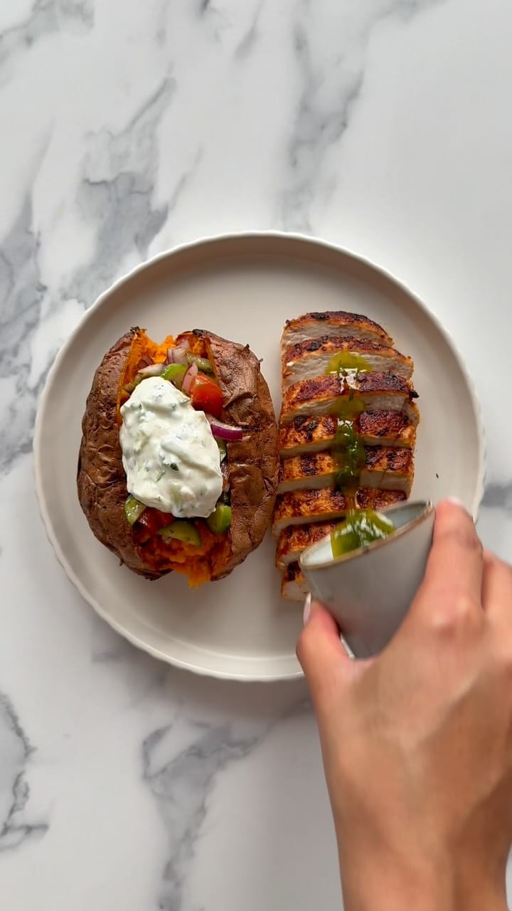 Greek‑Style Loaded Sweet Potato with Herby Chicken