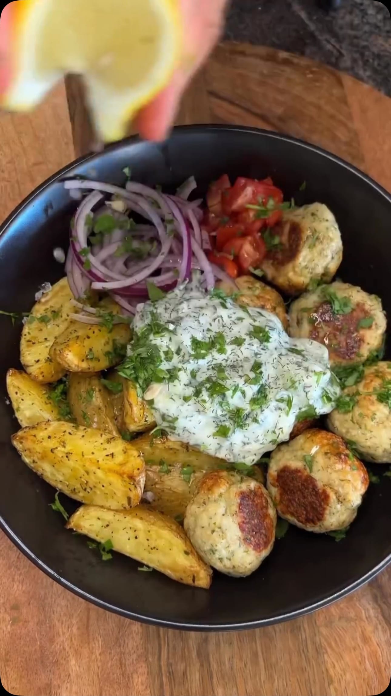 Mediterranean Chicken Meatballs with Air‑Fried Potato Wedges Recipe