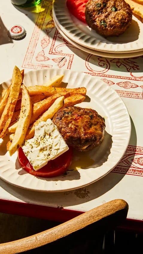 Greek Beef Stiftakis with Homemade French Fries and Green Bean Salad