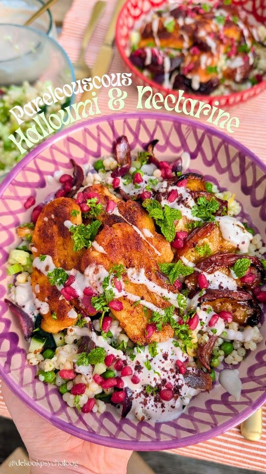 Roasted Nectarines & Halloumi with Miso‑Honey Glaze & Lemon‑Pearl Couscous
