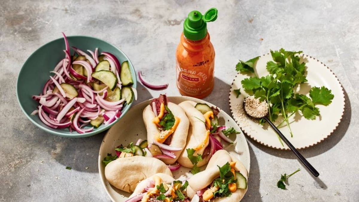 Steamed Buns with BBQ Grilled Steak and Sriracha Mayo