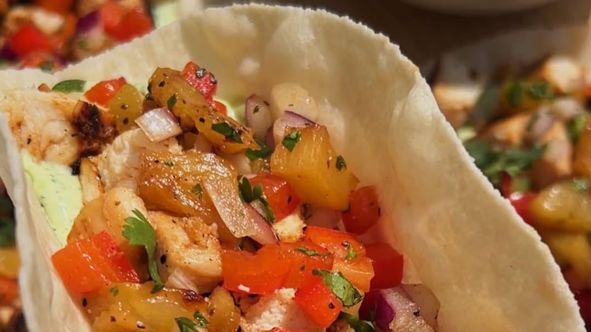 Hot Honey Marinated Chicken Tacos with Grilled Pineapple Salsa and Cilantro Lime Greek Yogurt Sauce