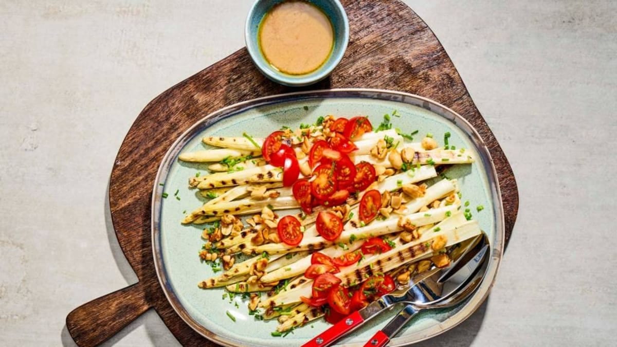 Grilled Asparagus with Miso Butter and Tomato Salsa