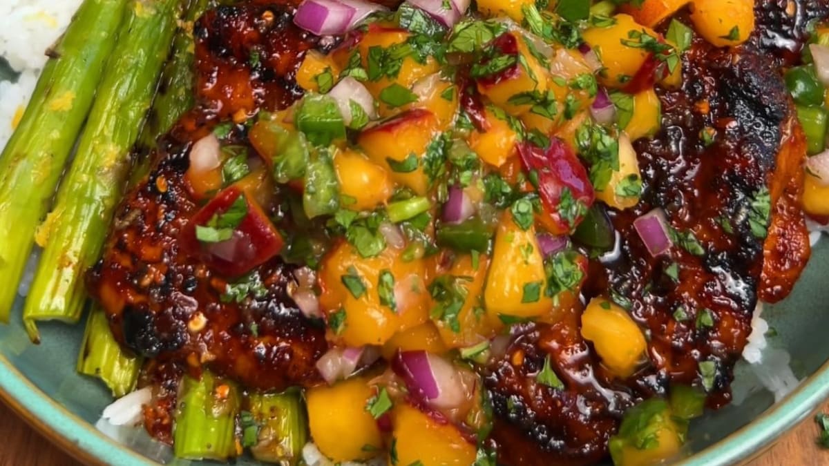 Grilled Hot Honey Chicken with Peach Salsa, Steamed Rice & Grilled Lemon Asparagus