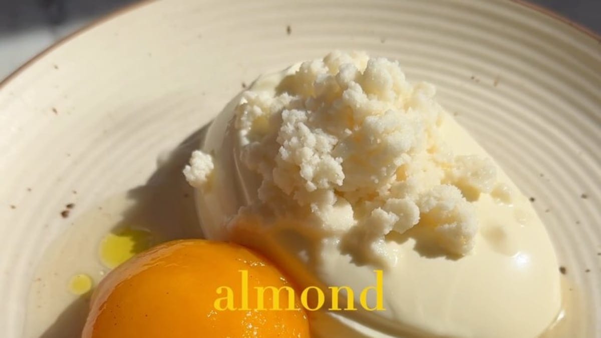 Almond Panna Cotta with White Almond Granita & Poached Peach