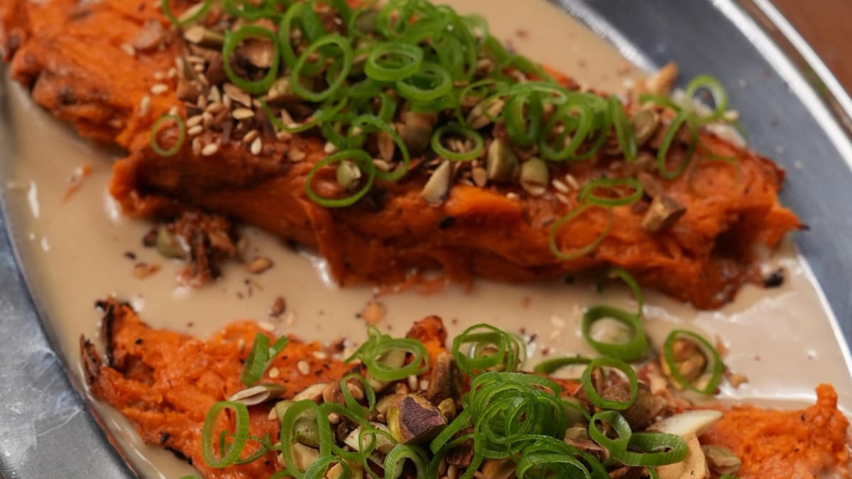 Roasted Sweet Potato with Maple Soy Tahini and Sesame Crunch