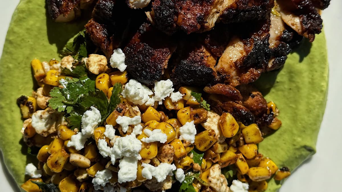 Crispy Peruvian Chicken with Aji Verde and Charred Corn Salsa