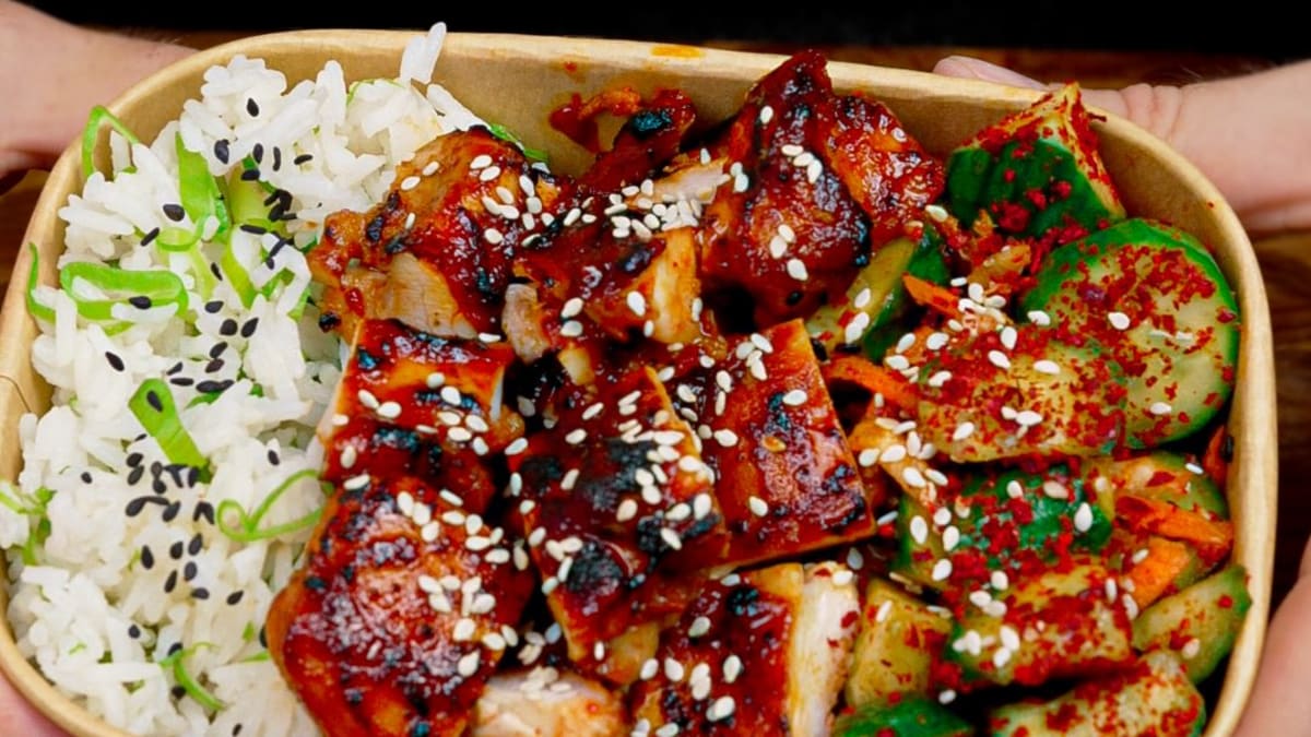 KBBQ Garlic Chicken Bowls with Cucumber Salad