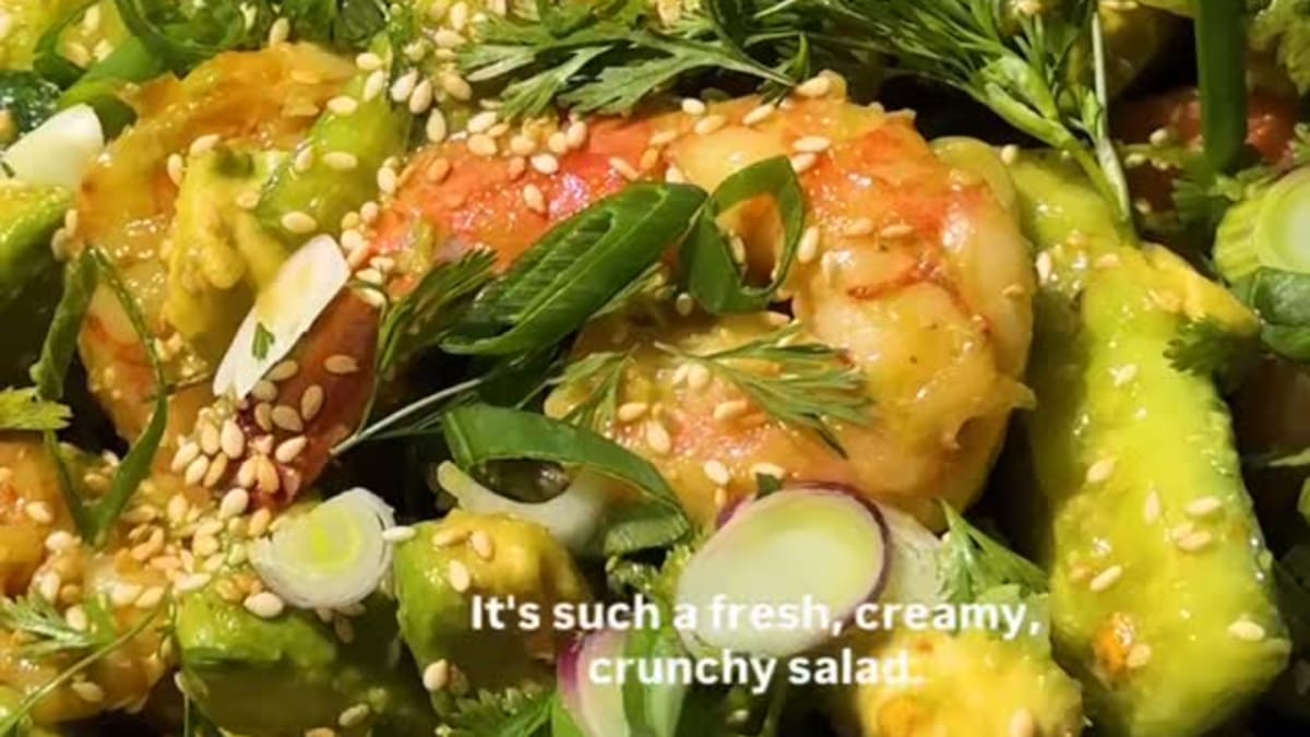 Smashed Cucumber, Avocado and Shrimp Salad