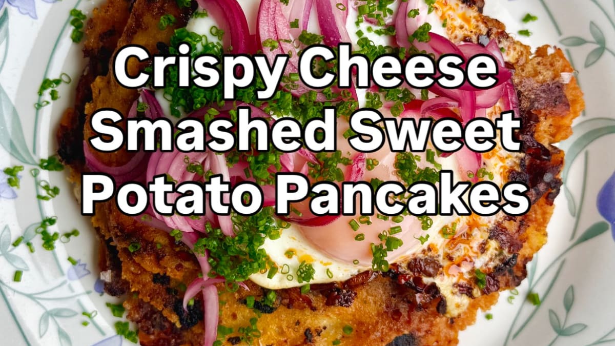 Crispy Cheese Smashed Sweet Potato Pancakes with Chili Fried Egg